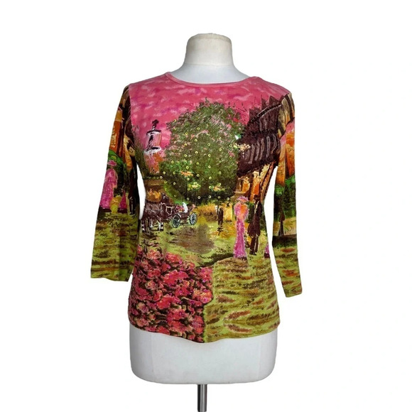 TAKE TWO Size M Pink Multi Prints 3/4 Sleeve Sequin Embellished Top - Picture 1 of 3